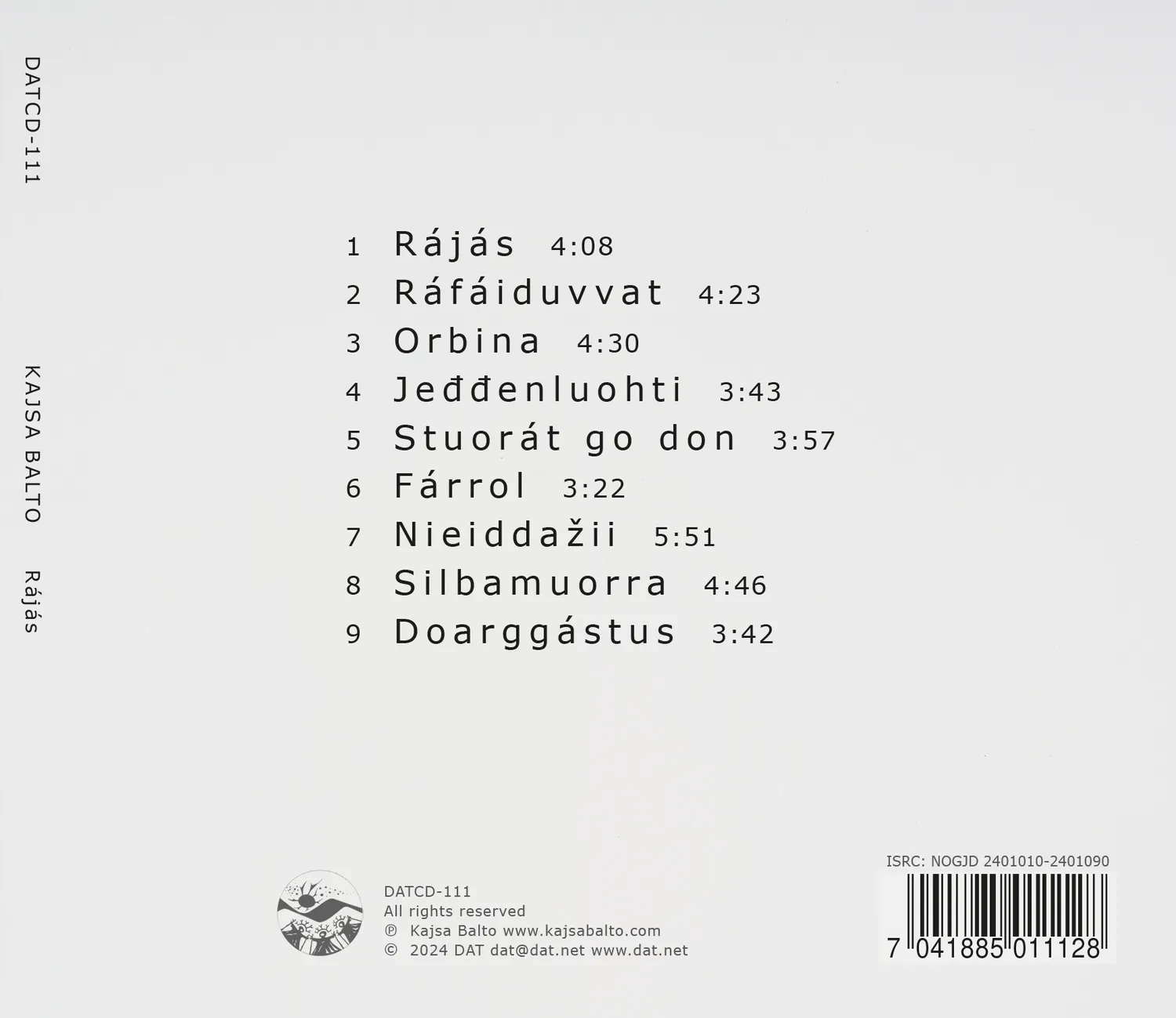 Dat Kajsa Balto Rájás musikk-CD 9 spor fornorskning
