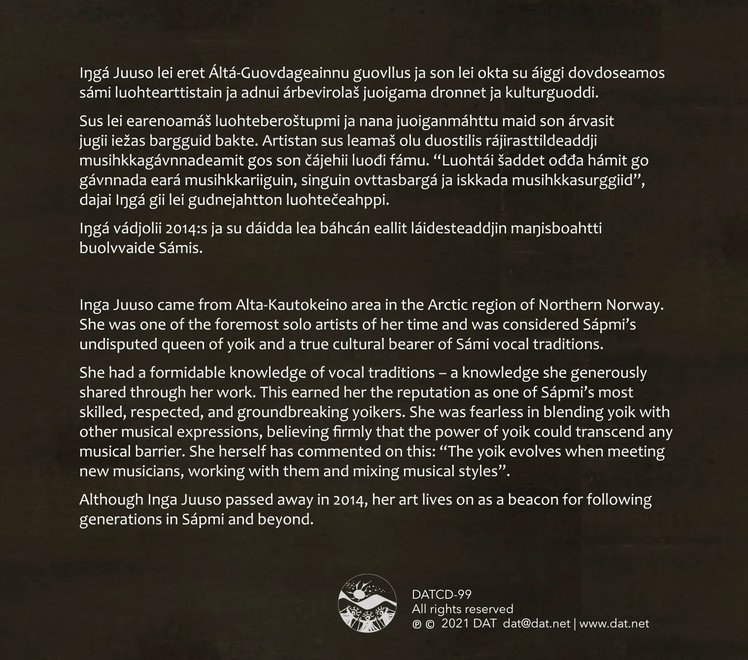 Dat Inga Juuso Tribute joik-CD 10 spor minneplate