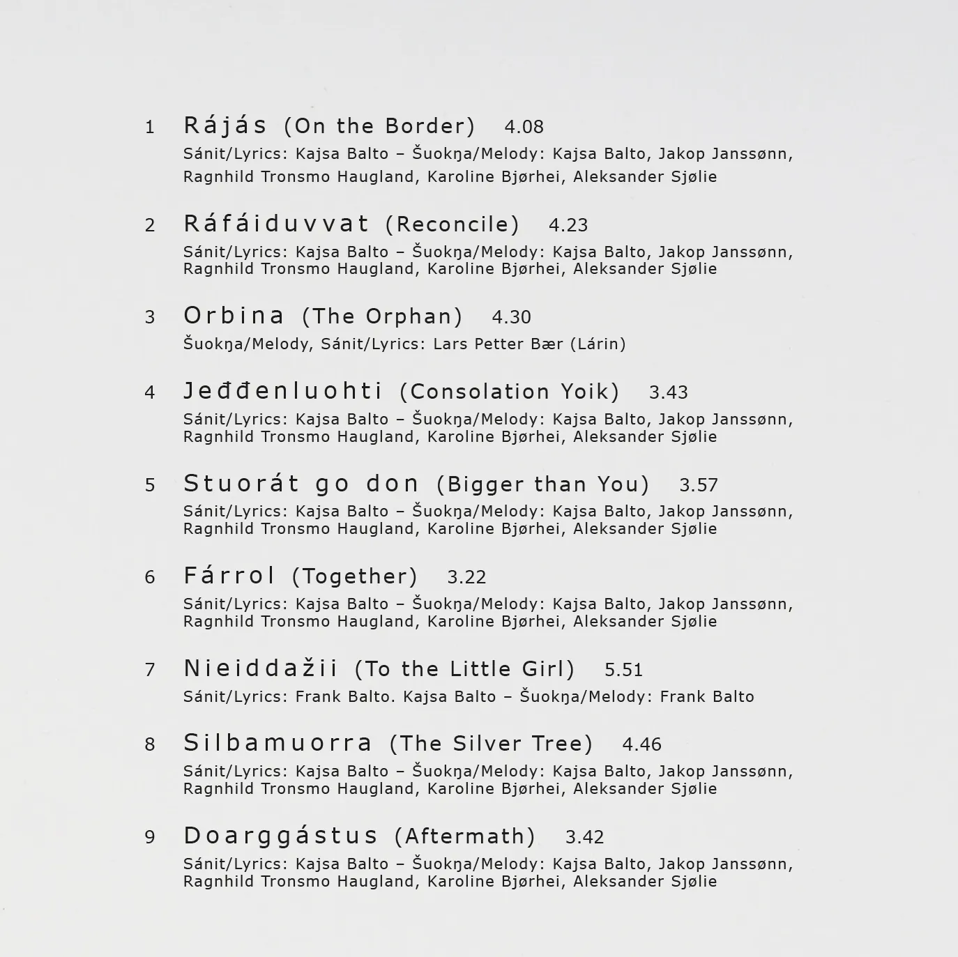 Dat Kajsa Balto Rájás musikk-CD 9 spor fornorskning